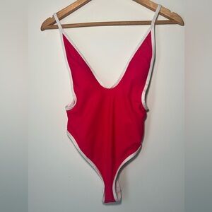 Red One-Piece Swimsuit with White Trim
